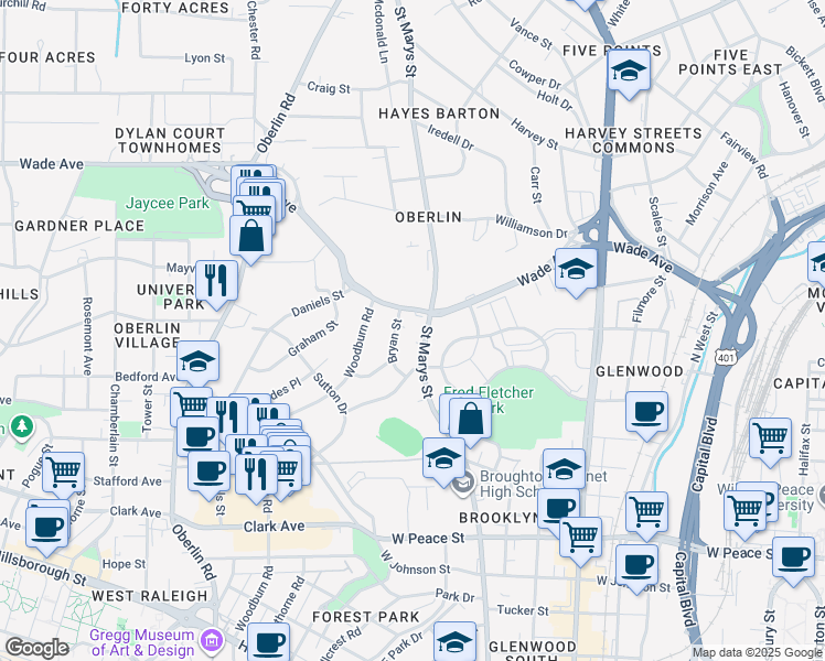 map of restaurants, bars, coffee shops, grocery stores, and more near 713 Wade Avenue in Raleigh