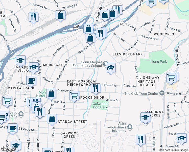 map of restaurants, bars, coffee shops, grocery stores, and more near 1120 Norris Street in Raleigh