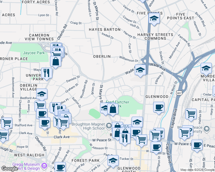 map of restaurants, bars, coffee shops, grocery stores, and more near 921 Washington Street in Raleigh
