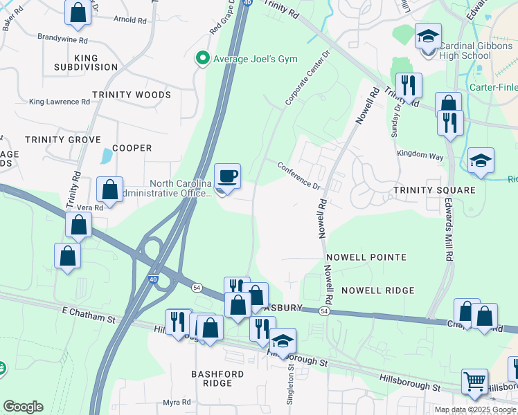 map of restaurants, bars, coffee shops, grocery stores, and more near 841 Handsworth Lane in Raleigh