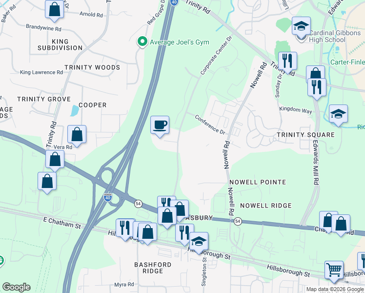 map of restaurants, bars, coffee shops, grocery stores, and more near 841 Handsworth Lane in Raleigh