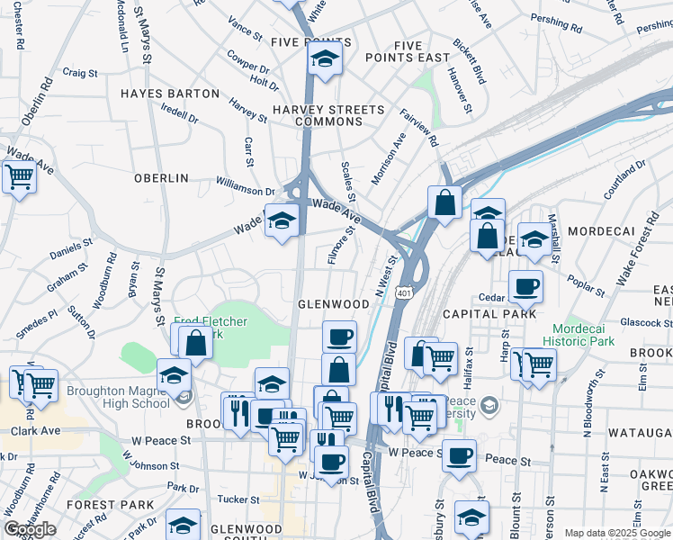 map of restaurants, bars, coffee shops, grocery stores, and more near 442 Jefferson Street in Raleigh