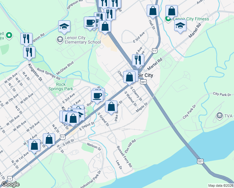map of restaurants, bars, coffee shops, grocery stores, and more near E Broadway St in Lenoir City