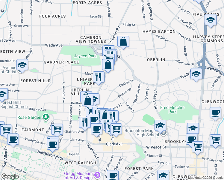 map of restaurants, bars, coffee shops, grocery stores, and more near 1002 Oberlin Road in Raleigh