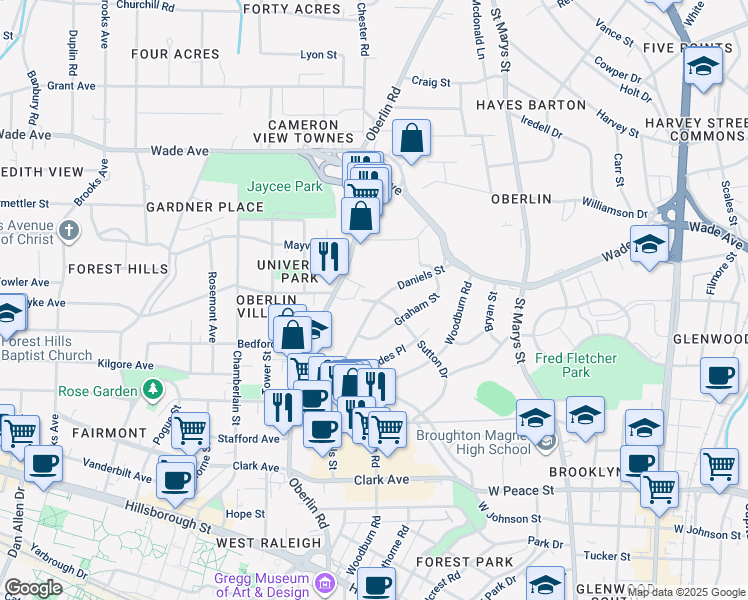 map of restaurants, bars, coffee shops, grocery stores, and more near 823 Daniels Street in Raleigh