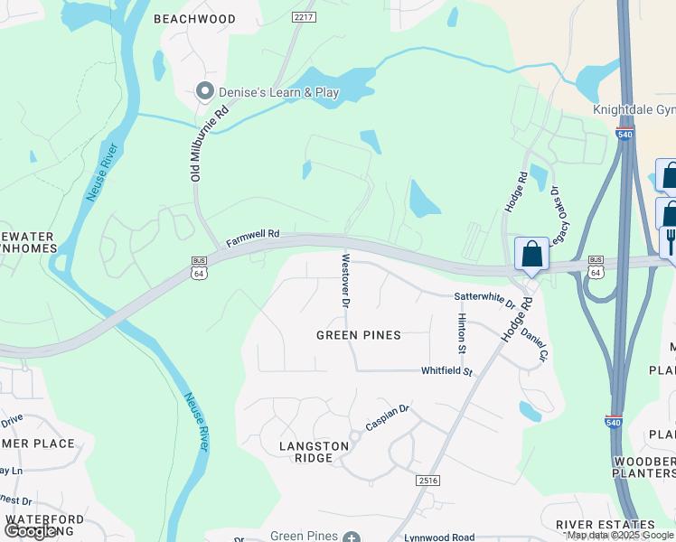 map of restaurants, bars, coffee shops, grocery stores, and more near 412 Satterwhite Drive in Knightdale