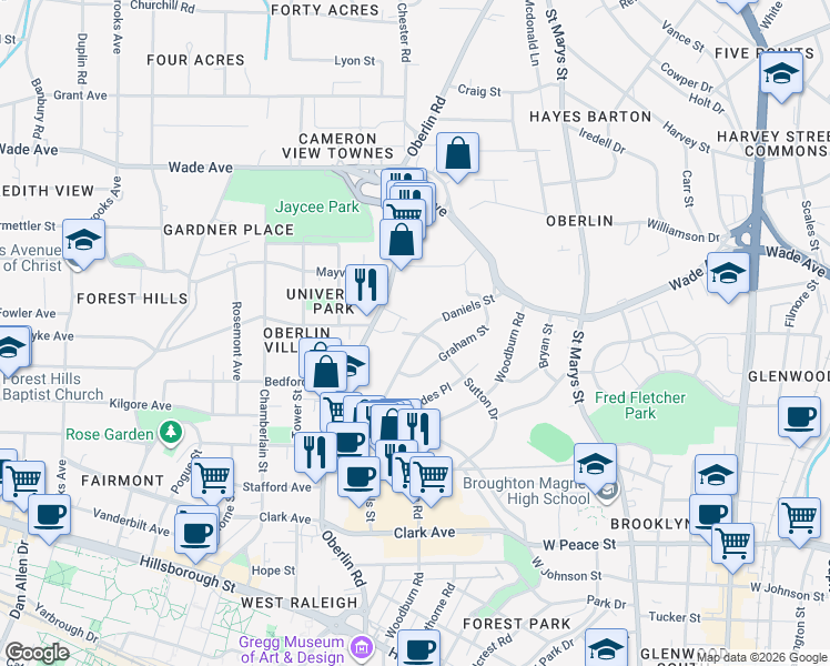 map of restaurants, bars, coffee shops, grocery stores, and more near 1002 Oberlin Road in Raleigh