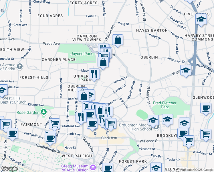 map of restaurants, bars, coffee shops, grocery stores, and more near 835 Daniels Street in Raleigh