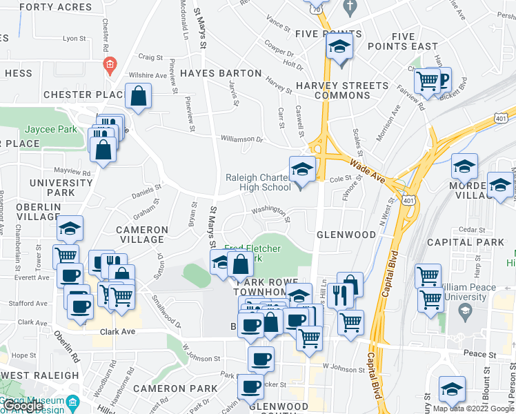 map of restaurants, bars, coffee shops, grocery stores, and more near 1021 Brighthurst Drive in Raleigh
