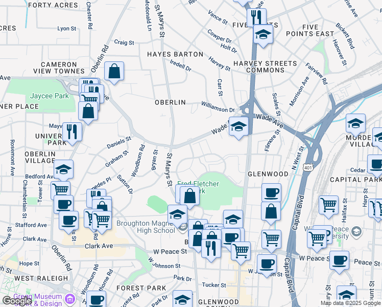 map of restaurants, bars, coffee shops, grocery stores, and more near 1021 Brighthurst Drive in Raleigh