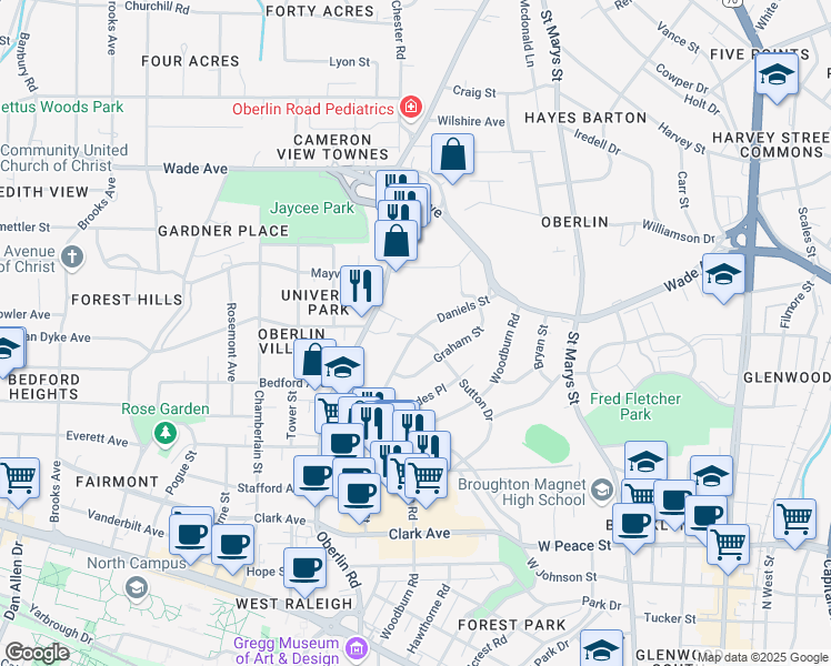 map of restaurants, bars, coffee shops, grocery stores, and more near 821 Daniels Street in Raleigh