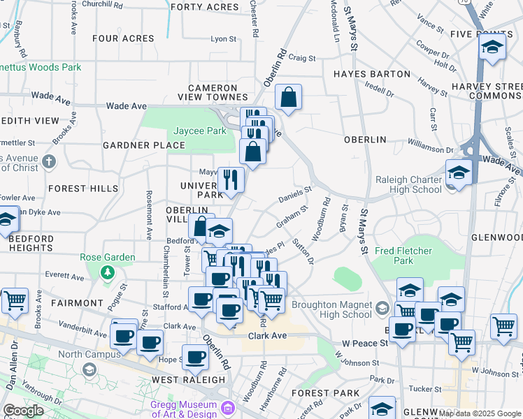 map of restaurants, bars, coffee shops, grocery stores, and more near 1002 Oberlin Road in Raleigh