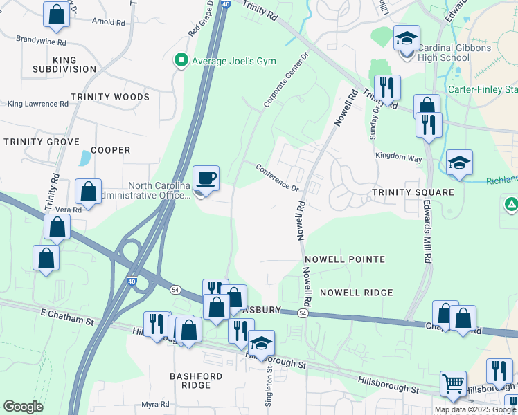 map of restaurants, bars, coffee shops, grocery stores, and more near 850 Corporate Center Drive in Raleigh