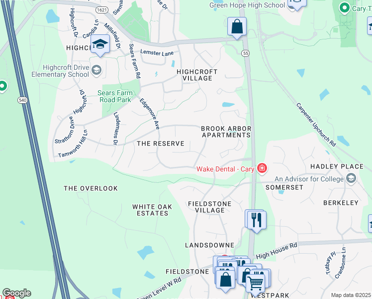 map of restaurants, bars, coffee shops, grocery stores, and more near 108 Wild Brook Court in Cary