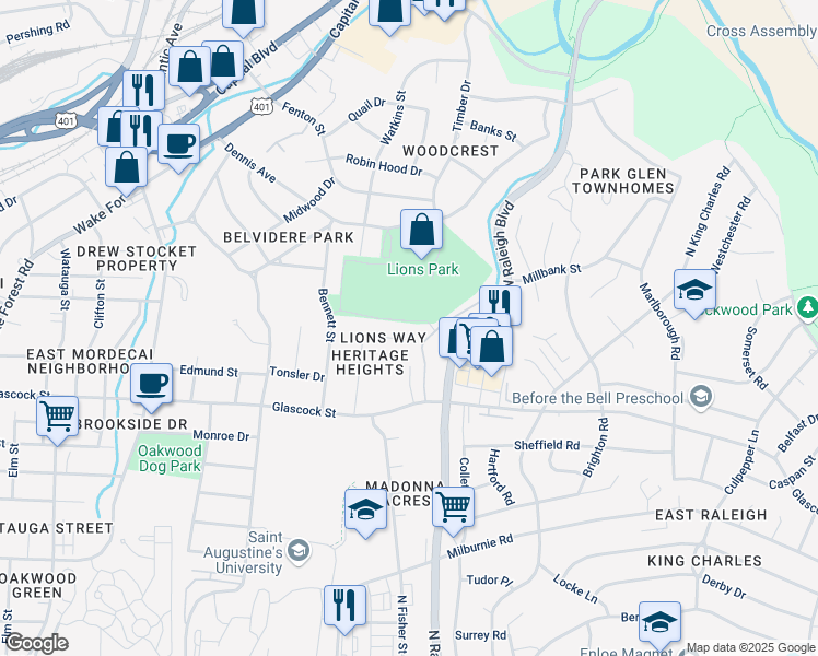 map of restaurants, bars, coffee shops, grocery stores, and more near 1421 Lions Way in Raleigh