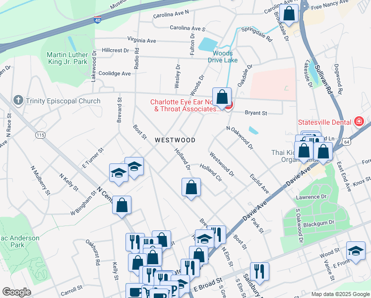 map of restaurants, bars, coffee shops, grocery stores, and more near 604 Brandon Street in Statesville
