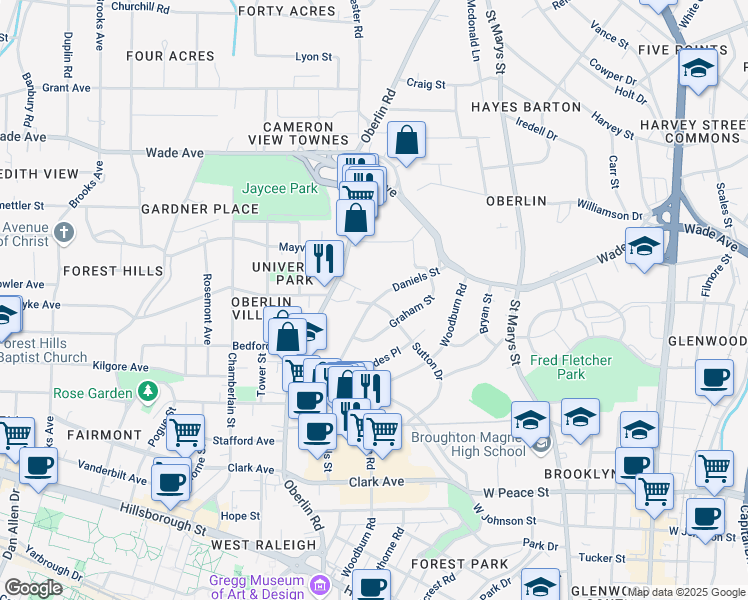 map of restaurants, bars, coffee shops, grocery stores, and more near 2100 Sutton Drive in Raleigh