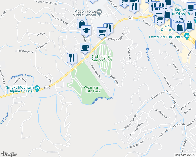 map of restaurants, bars, coffee shops, grocery stores, and more near 2656 High Valley Drive in Pigeon Forge