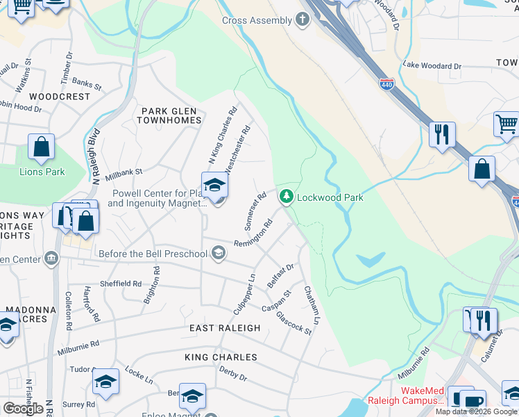 map of restaurants, bars, coffee shops, grocery stores, and more near 1304 Somerset Road in Raleigh