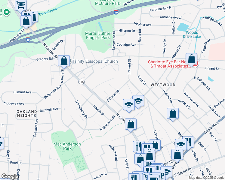 map of restaurants, bars, coffee shops, grocery stores, and more near 611 Poplar Street in Statesville