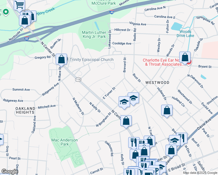 map of restaurants, bars, coffee shops, grocery stores, and more near 611 Poplar Street in Statesville