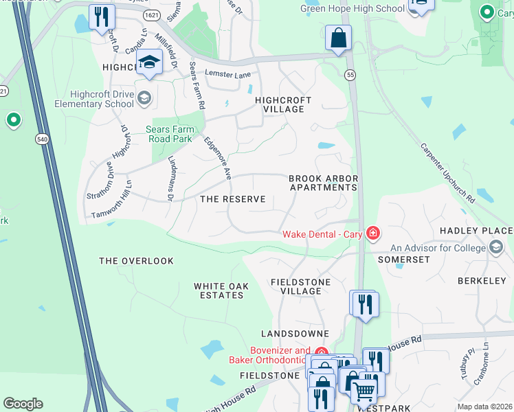 map of restaurants, bars, coffee shops, grocery stores, and more near 108 Caymus Court in Cary