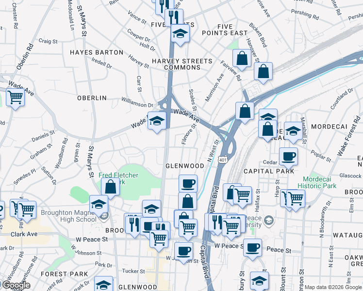 map of restaurants, bars, coffee shops, grocery stores, and more near 1301 Filmore Street in Raleigh