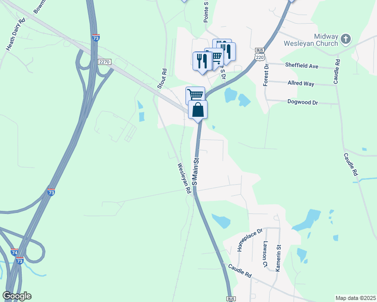 map of restaurants, bars, coffee shops, grocery stores, and more near 1202 South Main Street in Randleman