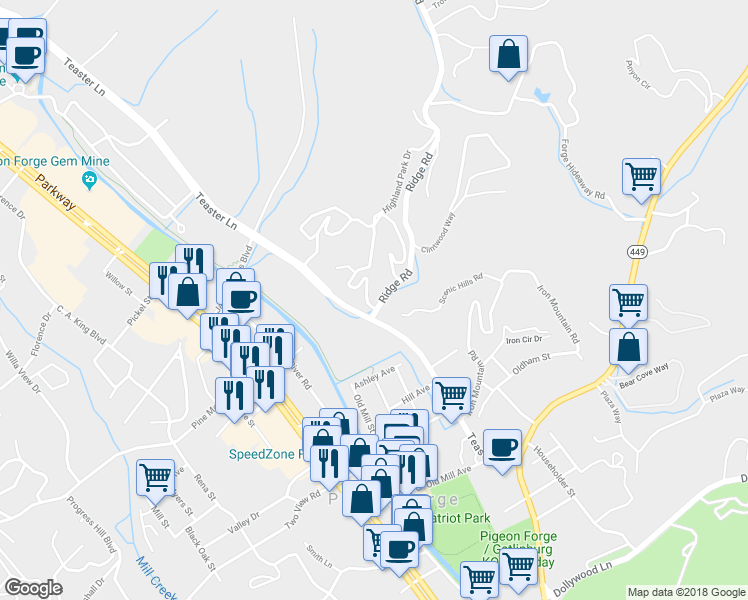 map of restaurants, bars, coffee shops, grocery stores, and more near 2733 Highland Park Drive in Pigeon Forge