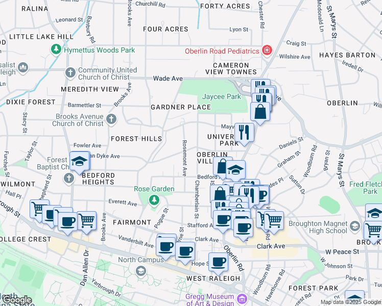 map of restaurants, bars, coffee shops, grocery stores, and more near 2505 Van Dyke Avenue in Raleigh