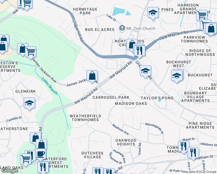 map of restaurants, bars, coffee shops, grocery stores, and more near 109 Ferris Wheel Court in Cary