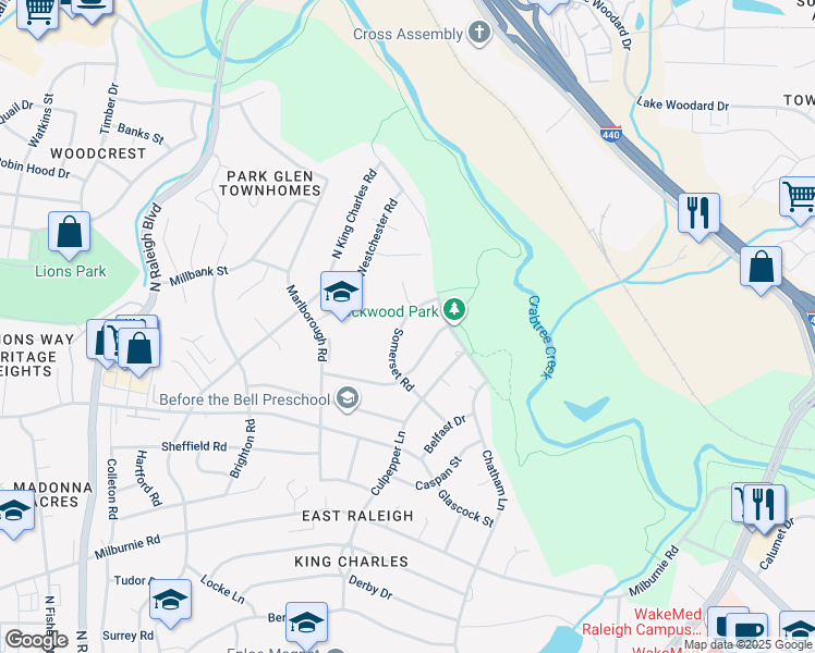 map of restaurants, bars, coffee shops, grocery stores, and more near 1232 Somerset Road in Raleigh