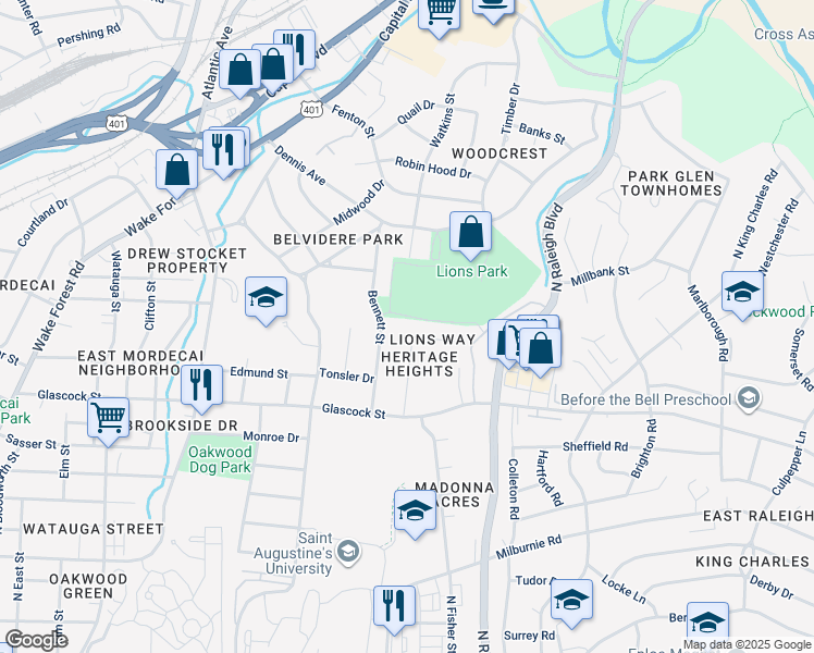 map of restaurants, bars, coffee shops, grocery stores, and more near 1309 Lions Way in Raleigh