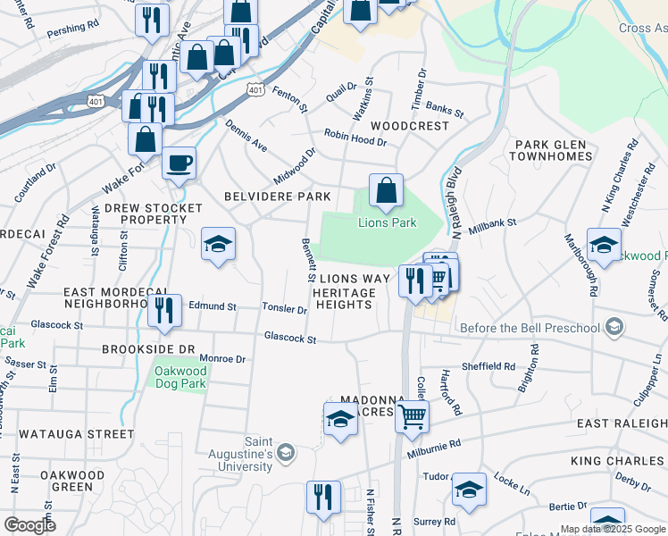 map of restaurants, bars, coffee shops, grocery stores, and more near 1309 Lions Way in Raleigh