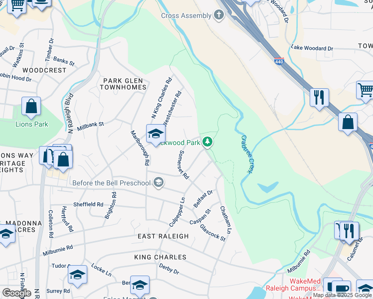map of restaurants, bars, coffee shops, grocery stores, and more near 1232 Somerset Road in Raleigh