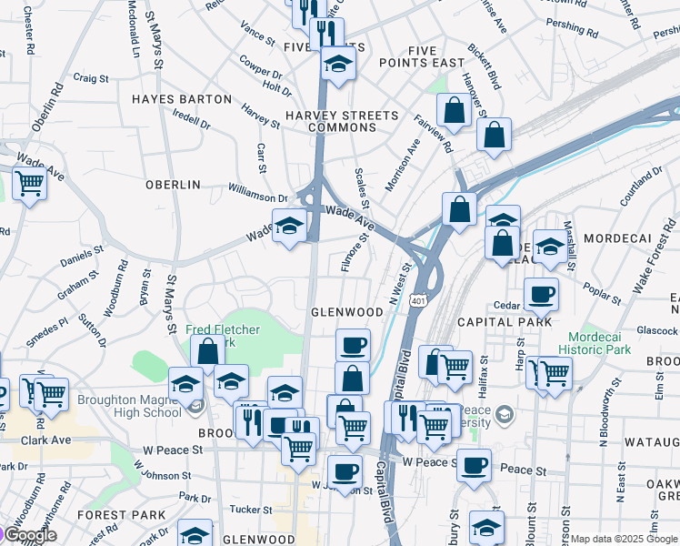 map of restaurants, bars, coffee shops, grocery stores, and more near 1301 Filmore Street in Raleigh