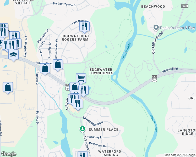map of restaurants, bars, coffee shops, grocery stores, and more near 1916 Grassy Banks Drive in Raleigh