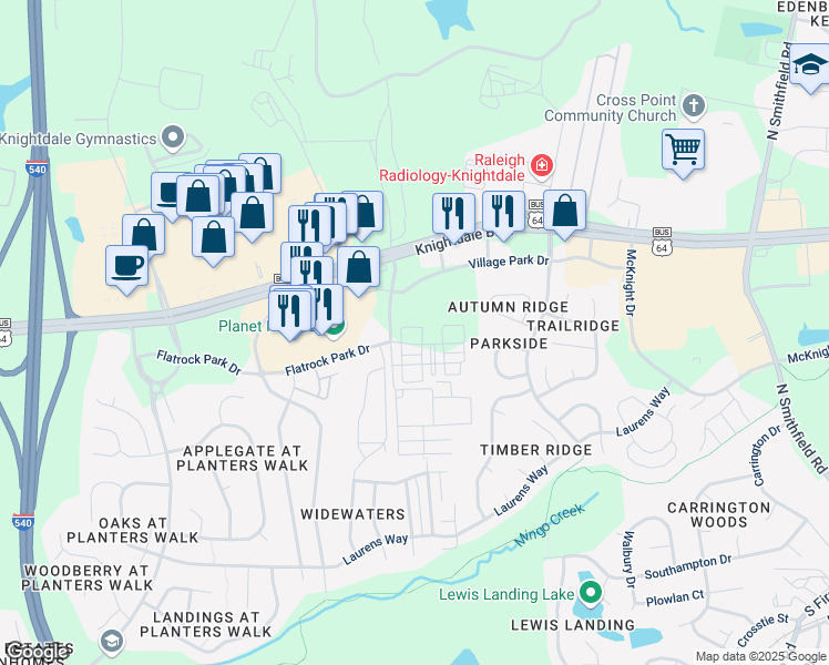 map of restaurants, bars, coffee shops, grocery stores, and more near Village Park Drive in Knightdale