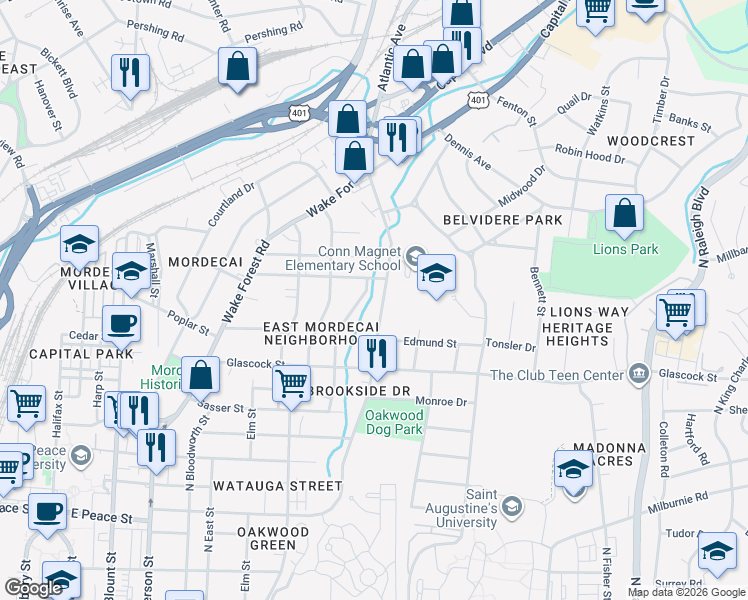 map of restaurants, bars, coffee shops, grocery stores, and more near 610 Frank Street in Raleigh