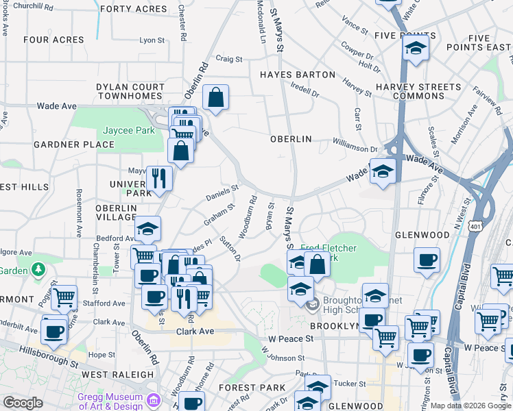 map of restaurants, bars, coffee shops, grocery stores, and more near 837 Woodburn Road in Raleigh