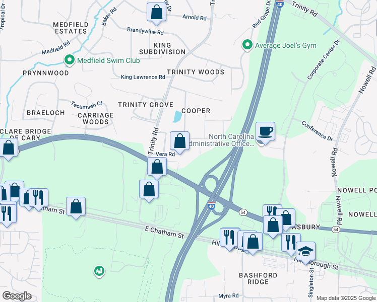 map of restaurants, bars, coffee shops, grocery stores, and more near 1204 Wingstem Place in Raleigh