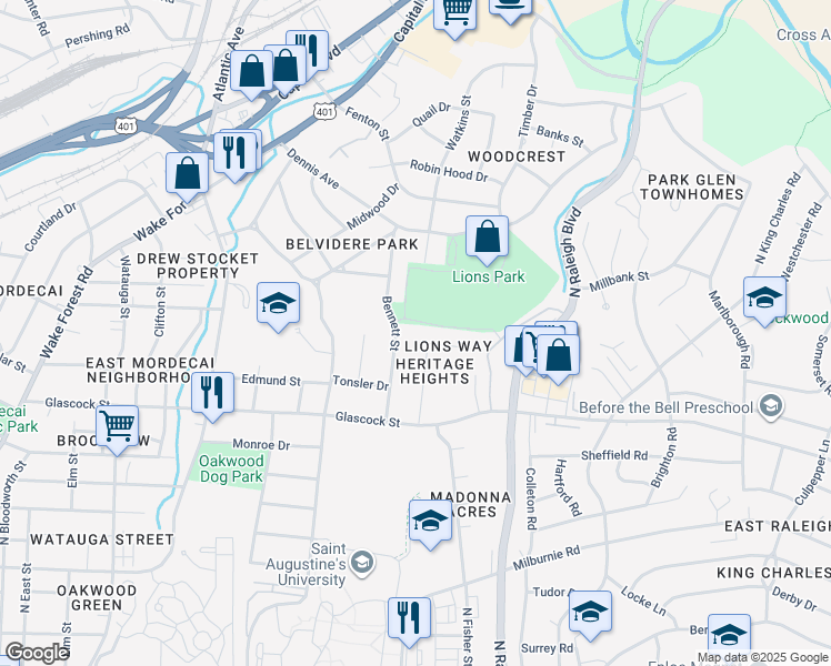 map of restaurants, bars, coffee shops, grocery stores, and more near 1305 Lions Way in Raleigh