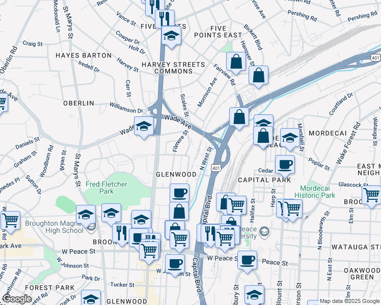 map of restaurants, bars, coffee shops, grocery stores, and more near 3600 Glenwood Avenue in Raleigh