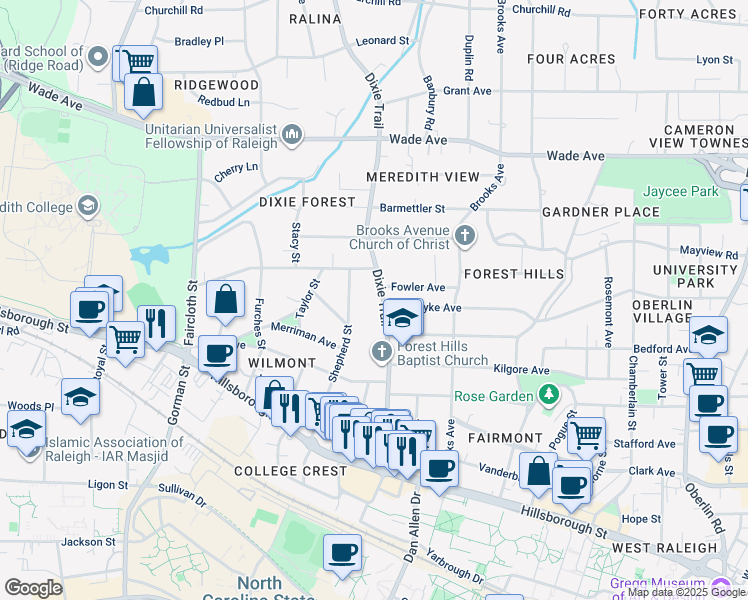 map of restaurants, bars, coffee shops, grocery stores, and more near 321 Dixie Trail in Raleigh