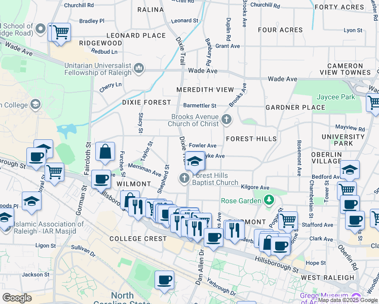 map of restaurants, bars, coffee shops, grocery stores, and more near 2836 Van Dyke Avenue in Raleigh