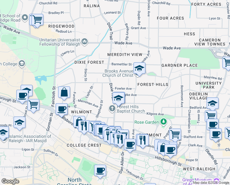 map of restaurants, bars, coffee shops, grocery stores, and more near 2836 Van Dyke Avenue in Raleigh