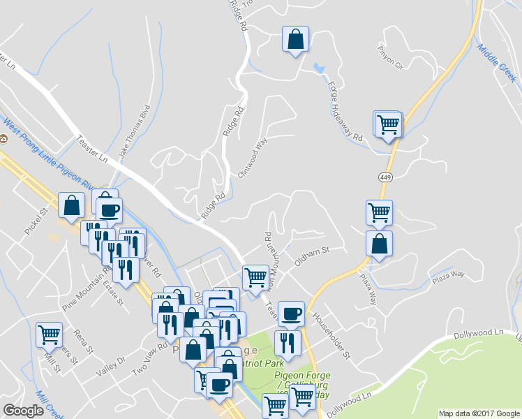 map of restaurants, bars, coffee shops, grocery stores, and more near 621 Iron Mountain Road in Pigeon Forge