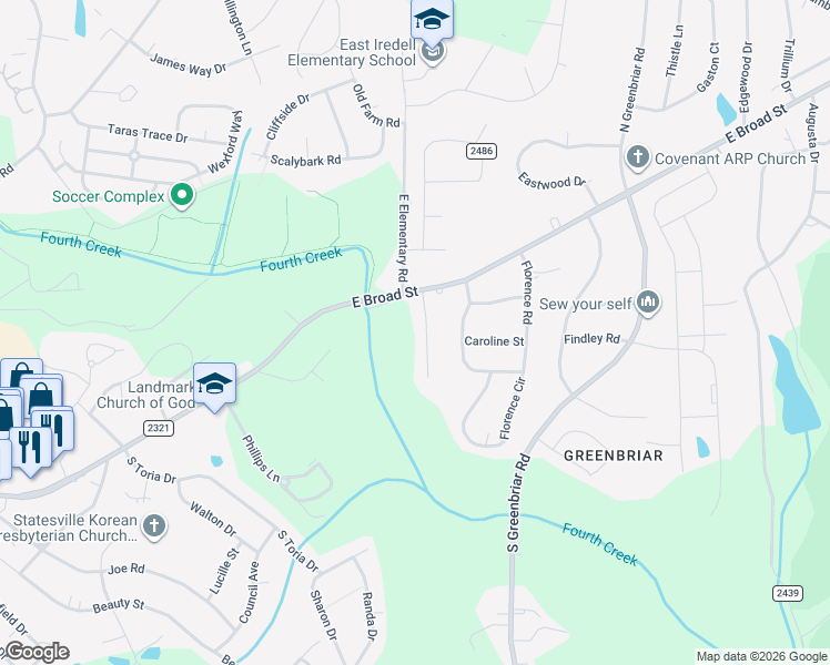 map of restaurants, bars, coffee shops, grocery stores, and more near 104 Springfield Road in Statesville