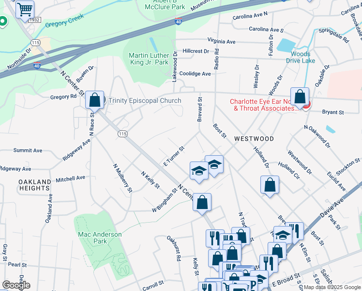 map of restaurants, bars, coffee shops, grocery stores, and more near 602 Poplar Street in Statesville