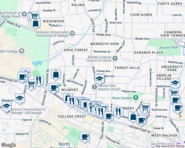 map of restaurants, bars, coffee shops, grocery stores, and more near 321 Dixie Trail in Raleigh